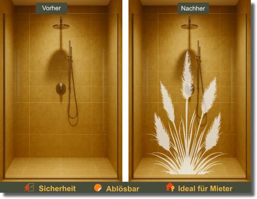 Preview: Duschfolie mit stilvollem Pampasgras für Glasduschen bietet dekorativen Sichtschutz und setzt moderne Akzente im Badezimmer.